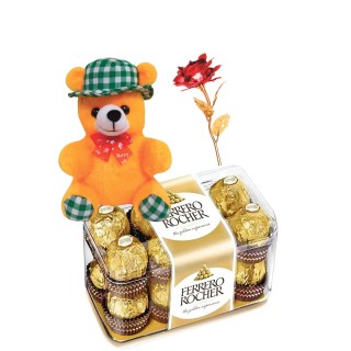 Love Gift for Girlfriend, Boyfriend - Chocolate with Golden Red Rose & Teddy Bear