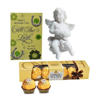 Best Wishes Greeting Card, Angel Statue, and Ferrero Rocher Chocolate Box - Pack Of Combo
