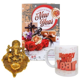 New Year Good Luck Gift - Greeting Card, Ganesh Idol on Leaf with Diya, Happy New Year Mug