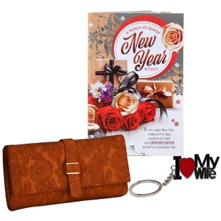 New Year Gift for Wife - Greeting Card and Women Wallet with I Love My Wife Key Chain