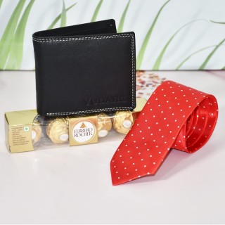 Gift for Men, Boys - Chocolate, Leather Wallet and Neck Tie - Valentine Day - Birthday - Anniversary Gift