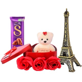 Special Love Gift for Girls, Boys - Eiffel Tower Showpiece, Gift Box with Teddy and Red Rose, Silk Chocolate