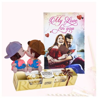 Gift for Love - Kissing Couple Showpiece, Chocolate and Greeting Card
