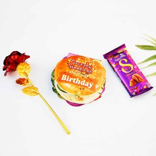 Birthday Gift Combo - Burger Theme Birthday Card, Golden Red Rose and Silk Chocolate