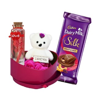 Teddy Box With Message Bottle And Chocolate