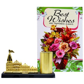 Best Wishes Gift Set - Greeting Card, Metal Ram Mandir Model with Pen Stand and Card Holder Showpiece