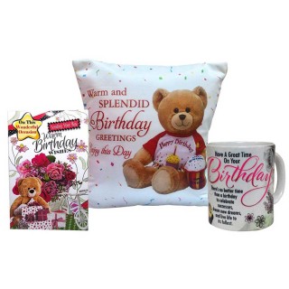 Birthday Gift Combo - (Cushion Cover + Filler), Greeting Card & Quote Coffee Mug