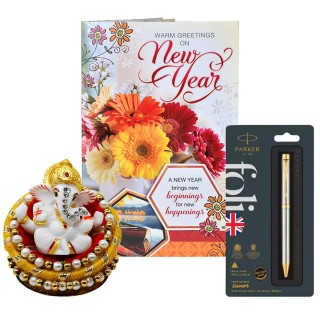 New Year Corporate Gift - Ganesha Idol Showpiece, Greeting Card and Branded Pen