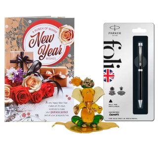 New Year Gift Combo - Greeting Card, Ganesha Showpiece and with Branded Pen