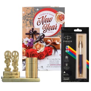 New Year Gift - Metal Laxmi Ganesha with Pen Stand Showpiece, Branded Pen, Greeting Card
