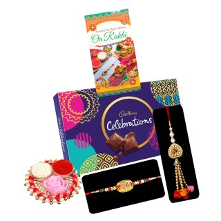 Rakshabandhan Gift Combo - Bhaiya Bhabhi Rakhi, Greeting Card, Cadbury Celebration & Roli Chawal