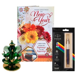 New Year Gift - Crystal Ganesha Showpiece, Branded Pen and Greeting Card - Corporate Gift