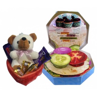 Burger Themed Birthday Greeting Card & Gift Basket With Chocolate And Teddy Bear | Birthday Gift Combo