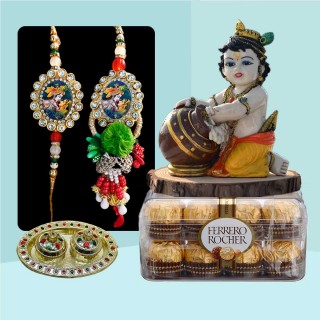 Radha Krishna Pair Rakhi for Bhaiya Bhabhi with Chocolate Box and Little Krishna Idol