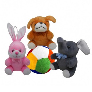 Stuffed Soft Toy Pack Of 4 Puppy, Elephant, Rabbit And Ball