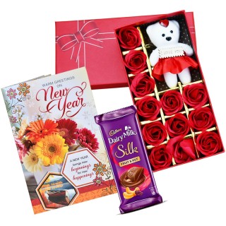 New Year Love Gift for Girlfriend, Boyfriend - Red Rose Gift Box with Chocolate, Greeting Card
