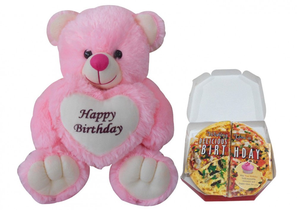 Happy Birthday Teddy With Pizza Themed Greeting Card.
