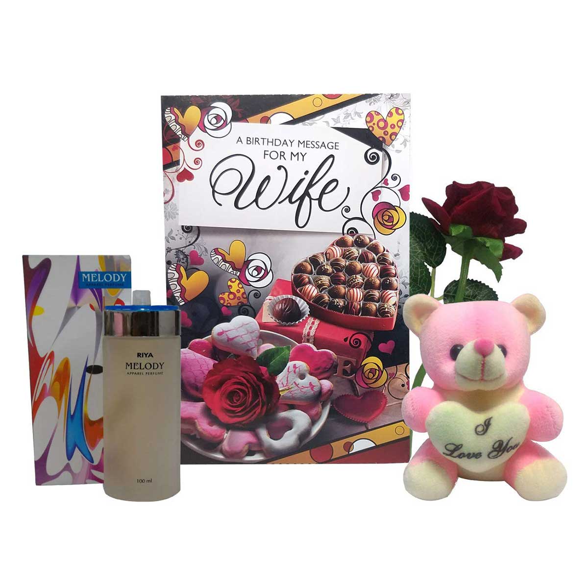 Birthday Gift For Wife Soft Teddy, Greeting Card, Perfume Artificial  Red Rose