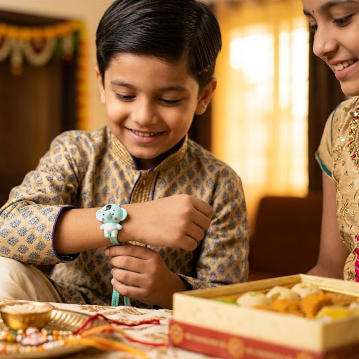 Family Rakhi Set of 4 with Chocolate Box and Greeting Card Gift Family Rakhi Set of 4 with Chocolate Box and Greeting Card Gift