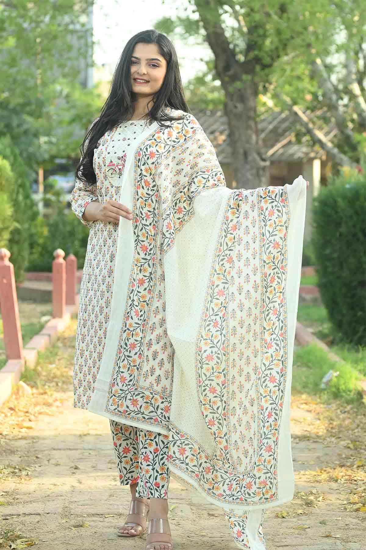 Shop Embroidered Cotton Kurta Pants Set 3631 Online - Women Plus