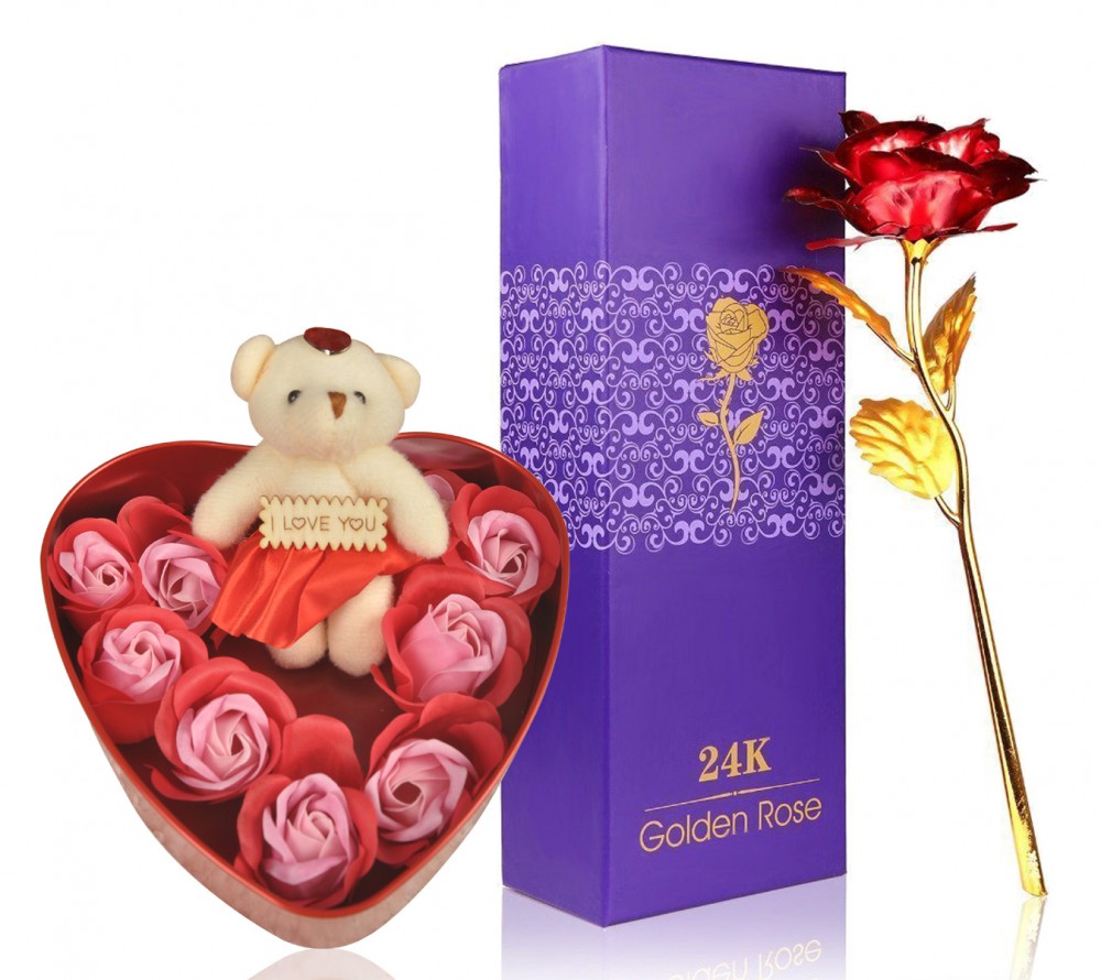 Love Gift - Artificial Red Golden Rose & 9 Red Rose Floral Scented Soap with Teddy Bear Love Gift - Artificial Red Golden Rose & 9 Red Rose Floral Scented Soap with Teddy Bear