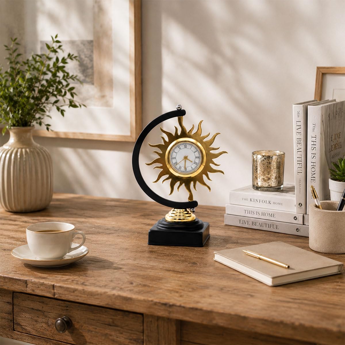 Metal Sunburst Table Clock Showpiece for Office Desk & Home Metal Sunburst Table Clock Showpiece for Office Desk & Home