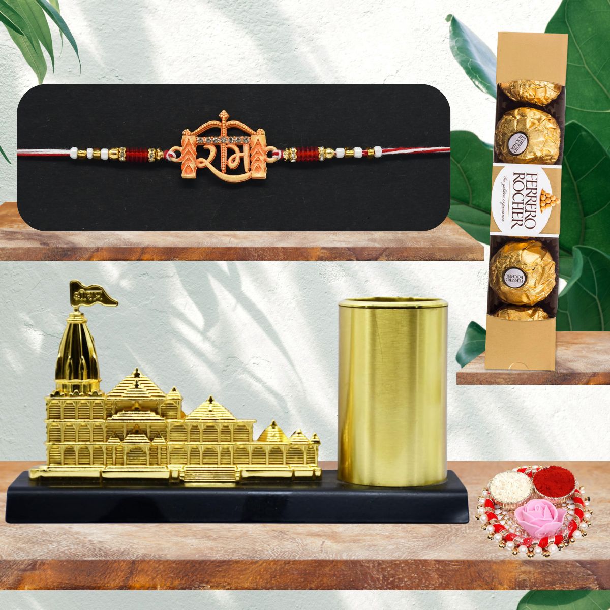 Ram Rakhi for Brother with Gift - Ram Mandir Showpiece with Pen Stand & Chocolate Ram Rakhi for Brother with Gift - Ram Mandir Showpiece with Pen Stand & Chocolate