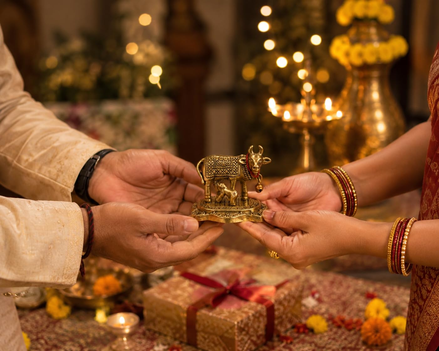 Golden Cow with Calf Statue for Pooja, Home Decor, Vastu Gift Golden Cow with Calf Statue for Pooja, Home Decor, Vastu Gift