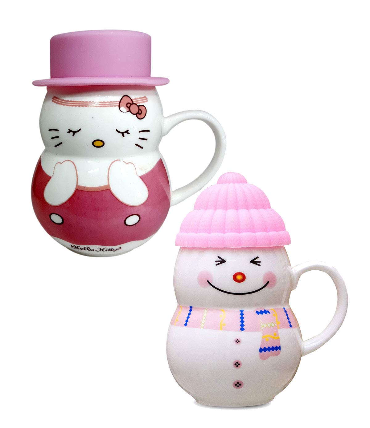 Birthday Gift for Kids - Set of 2 Ceramic Kitty & Snowman Mug with Lid-Gift  for Friends-Girls-Boys