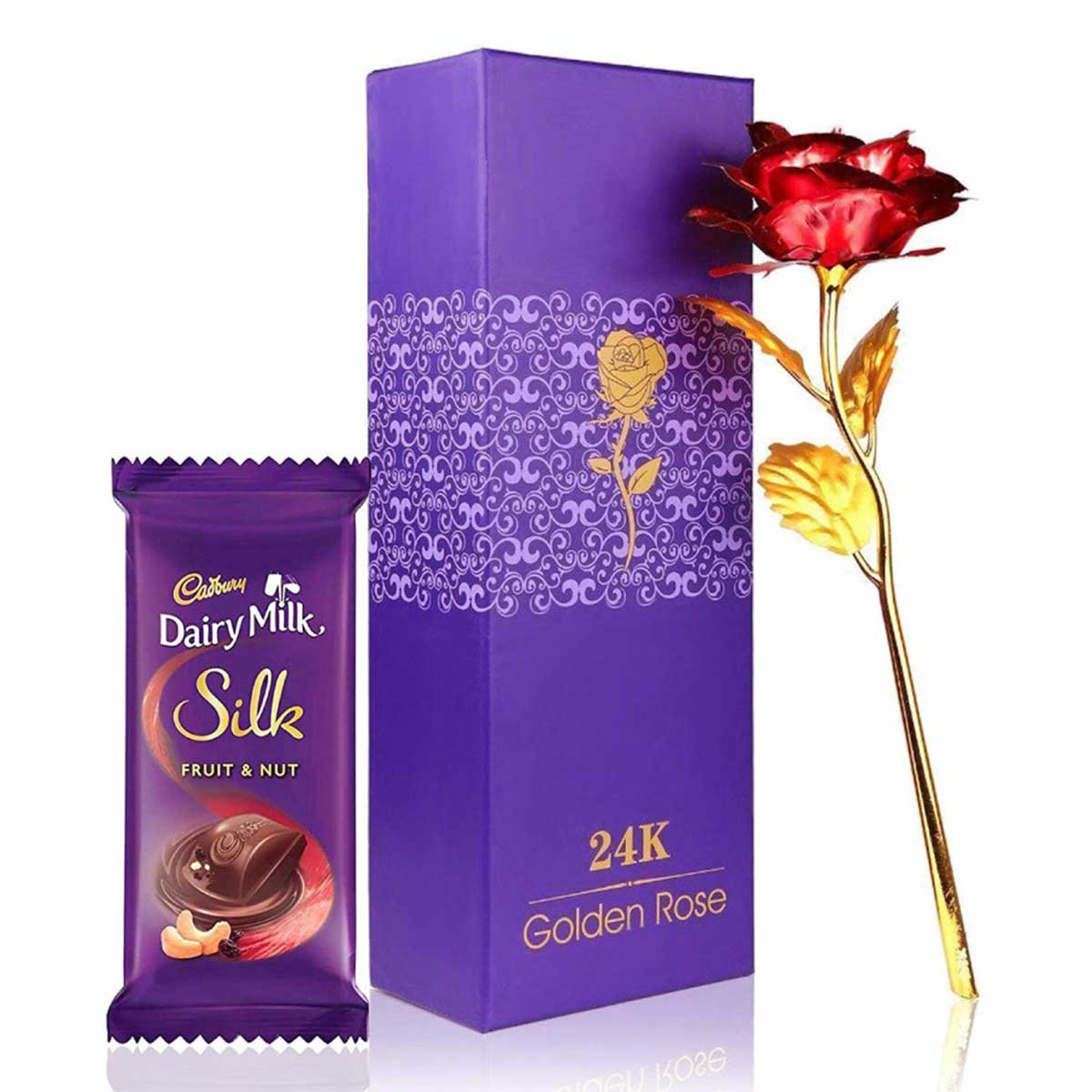 Latest Artificial Red Golden Rose& Dairy Milk Silk Fruit And Nut ...