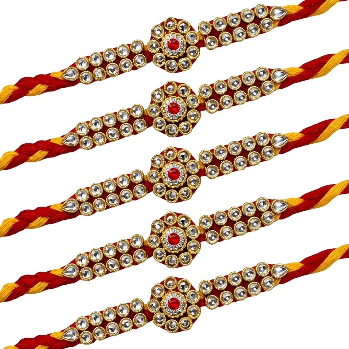 Set of 5 Kundan Moli Rakhi for Bhai - Stone Rakhi Set of 5 Kundan Moli Rakhi for Bhai - Stone Rakhi