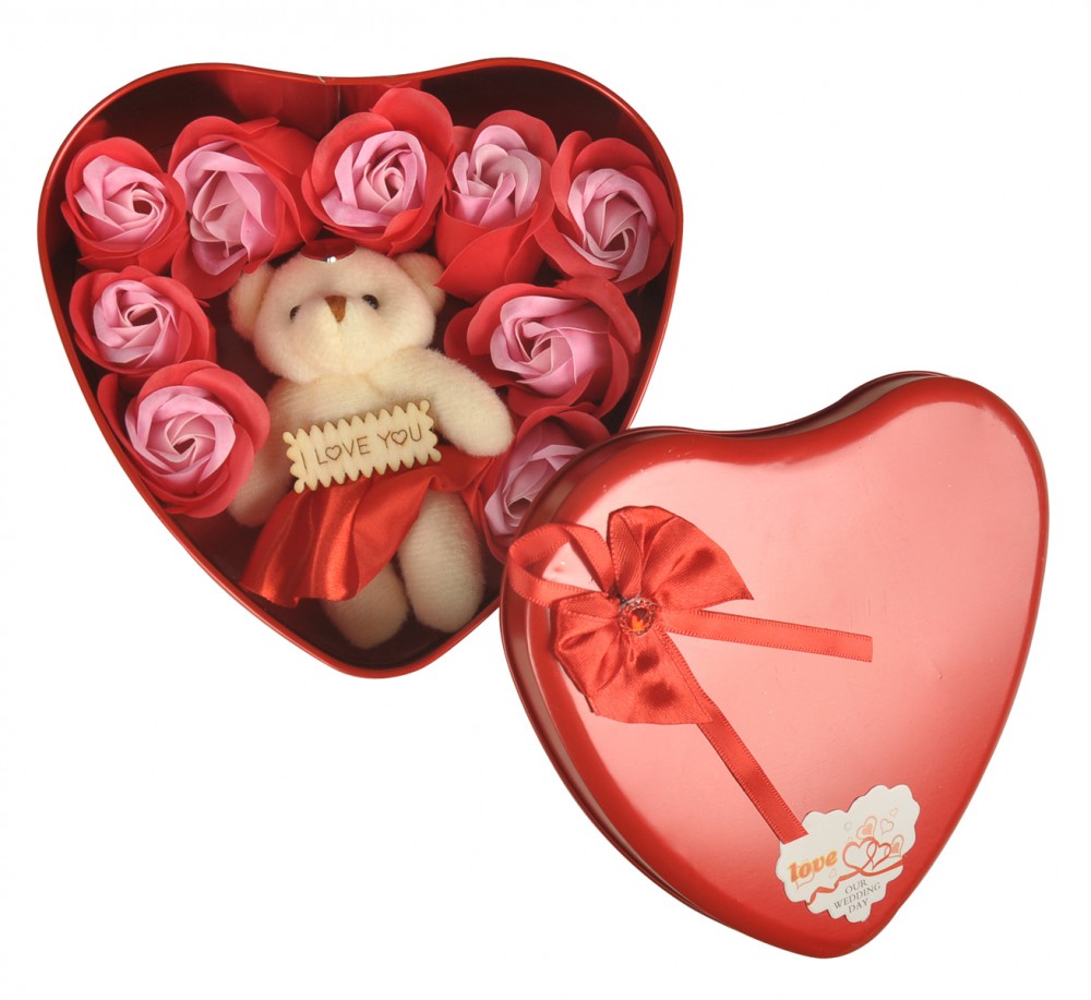 Love Gift - Artificial Red Golden Rose & 9 Red Rose Floral Scented Soap with Teddy Bear Love Gift - Artificial Red Golden Rose & 9 Red Rose Floral Scented Soap with Teddy Bear