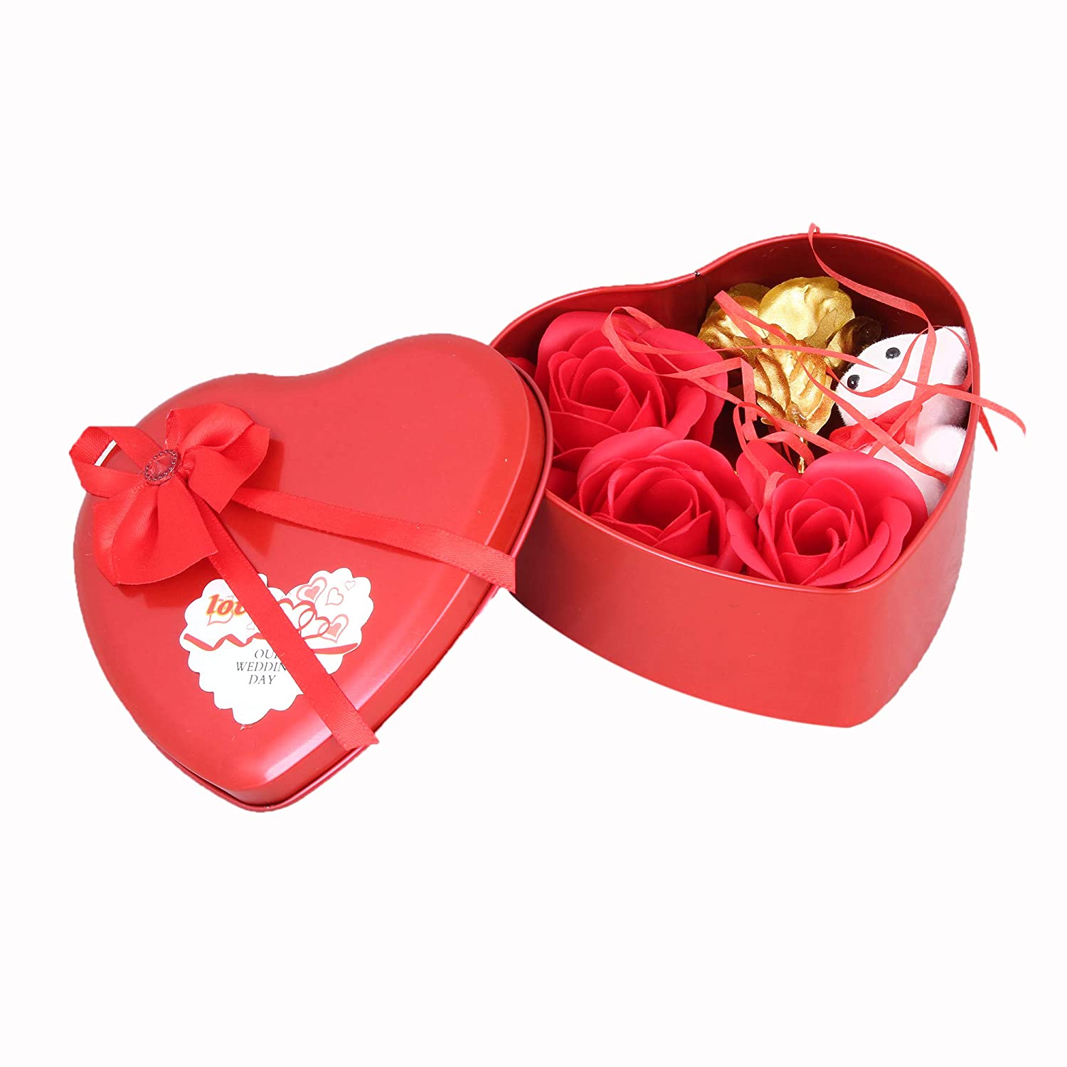 Best Romantic Gifts for Girls, Boys - Chocolate, Heart Shape Box with Small  Teddy, 1 Golden Rose and 3 Red Rose