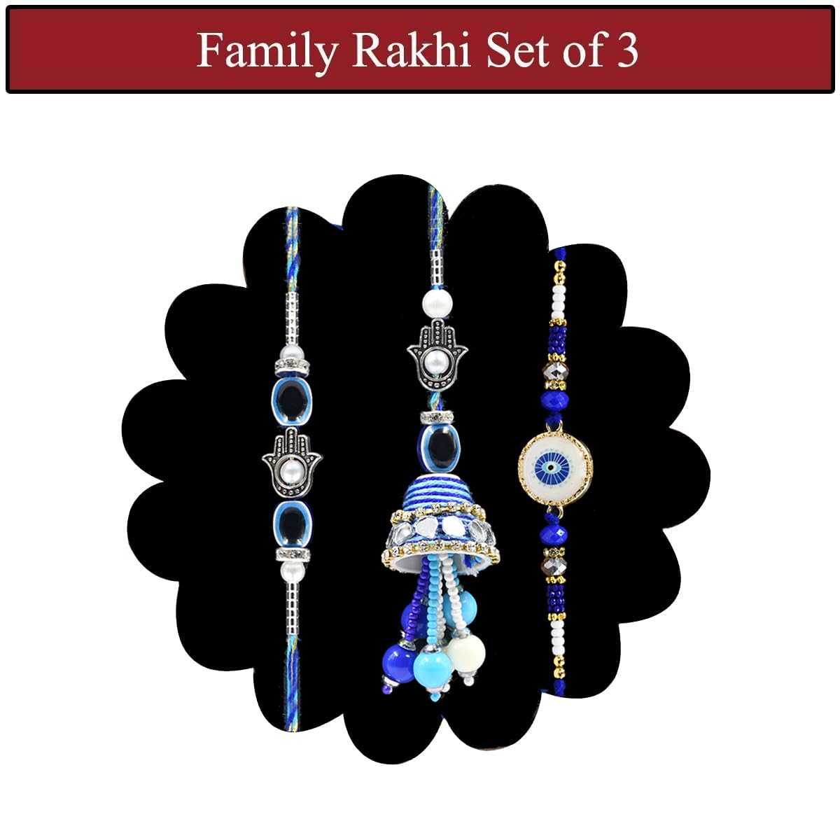 Evil Eye Family Rakhi Set of 3 with Chocolate & Roli Chawal Plate Evil Eye Family Rakhi Set of 3 with Chocolate & Roli Chawal Plate