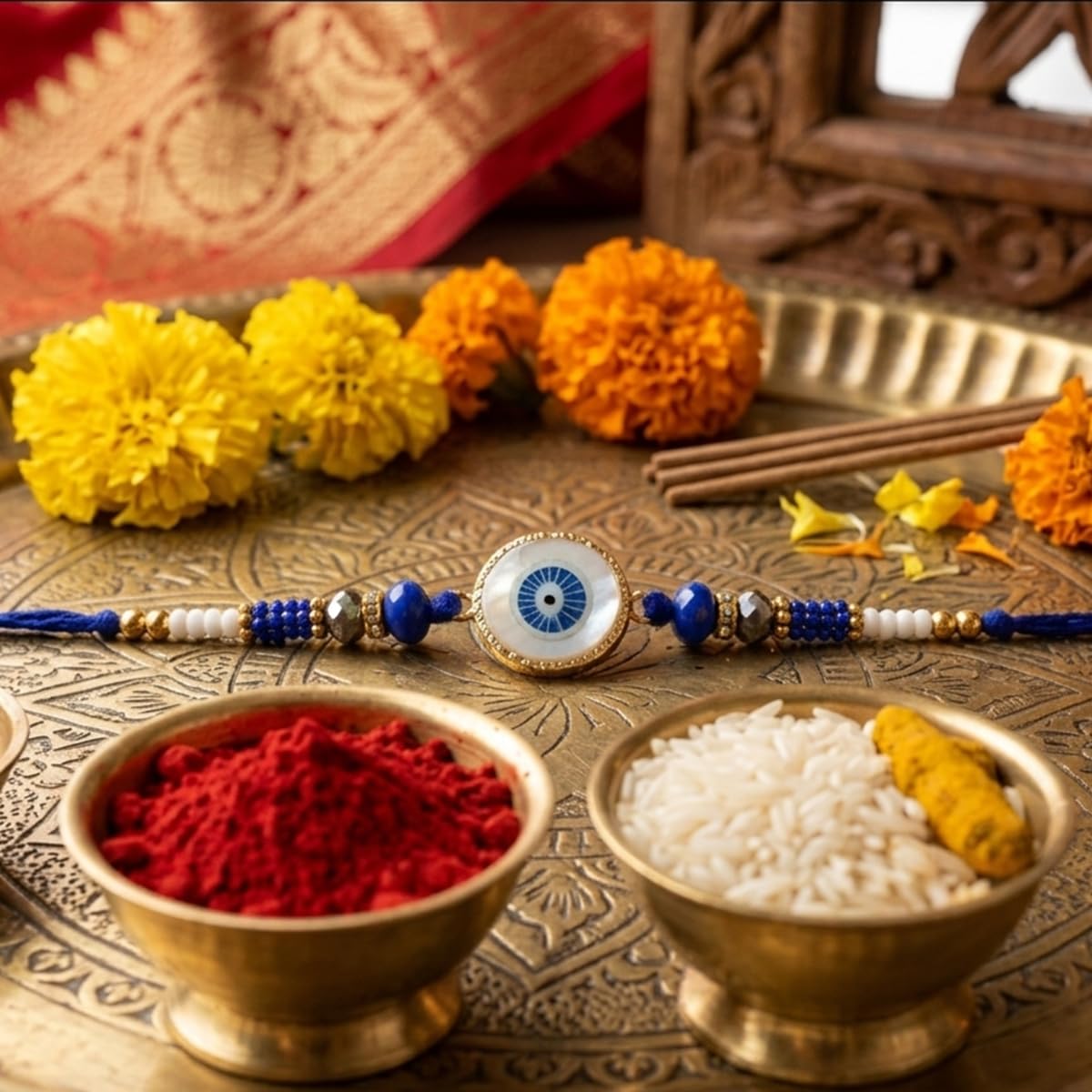 Evil Eye Family Rakhi Set of 3 with Chocolate & Roli Chawal Plate Evil Eye Family Rakhi Set of 3 with Chocolate & Roli Chawal Plate