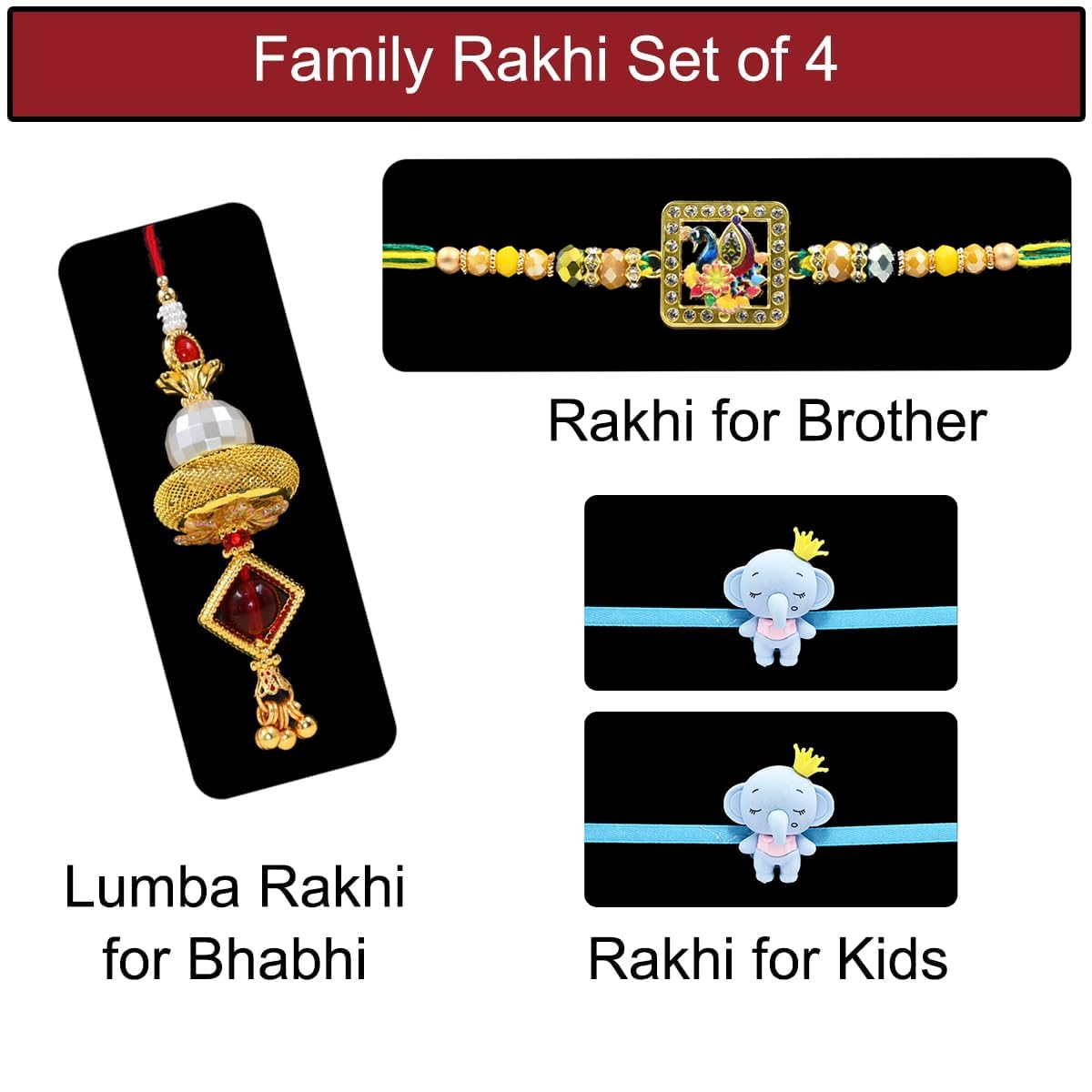 Family Rakhi Set of 4 with Chocolate Box and Greeting Card Gift Family Rakhi Set of 4 with Chocolate Box and Greeting Card Gift