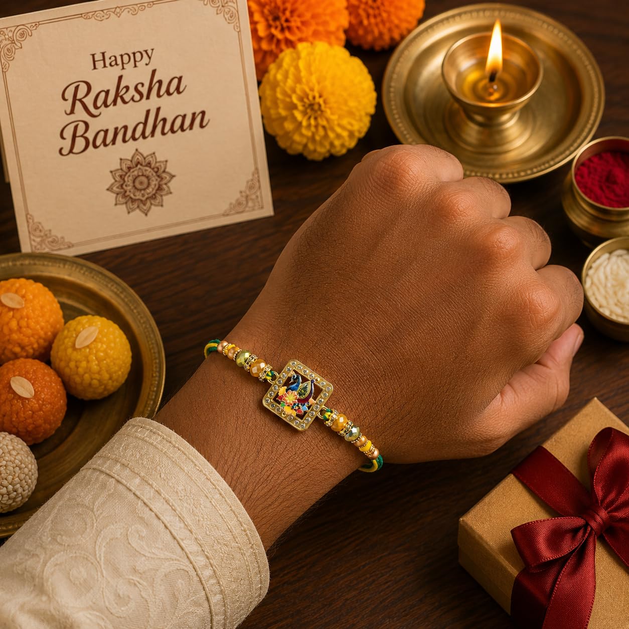 Family Rakhi Set of 4 with Chocolate Box and Greeting Card Gift Family Rakhi Set of 4 with Chocolate Box and Greeting Card Gift