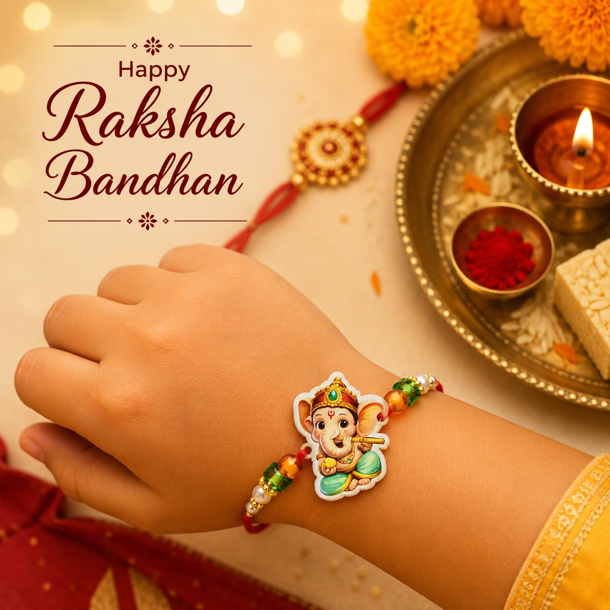 Rakhi for Bhaiya Bhabhi and Kid with Chocolate and Pooja Thali Rakhi for Bhaiya Bhabhi and Kid with Chocolate and Pooja Thali