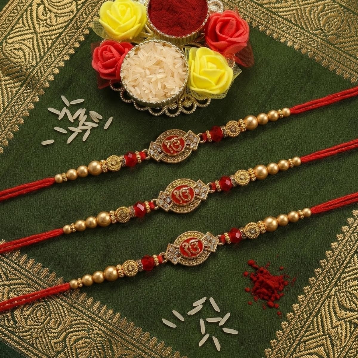 Set of 3 Ek Onkar Rakhi for Brother with Decorative Chopra Set of 3 Ek Onkar Rakhi for Brother with Decorative Chopra