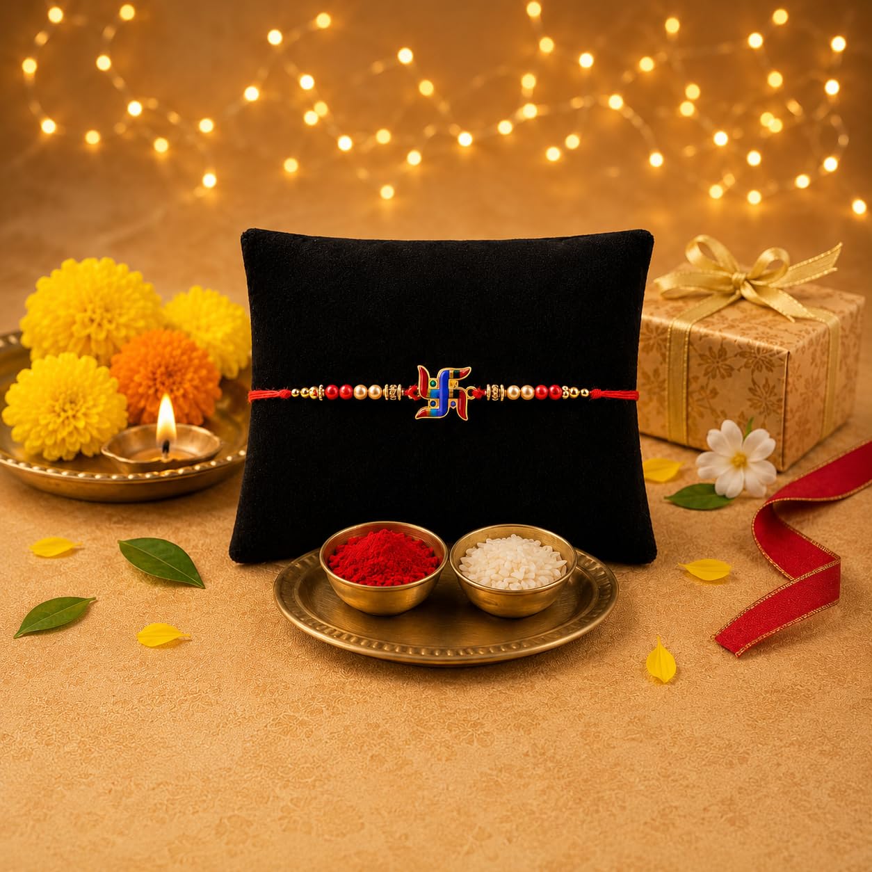 Swastik Rakhi Set of 4 with Chocolate Gift for Brother Swastik Rakhi Set of 4 with Chocolate Gift for Brother