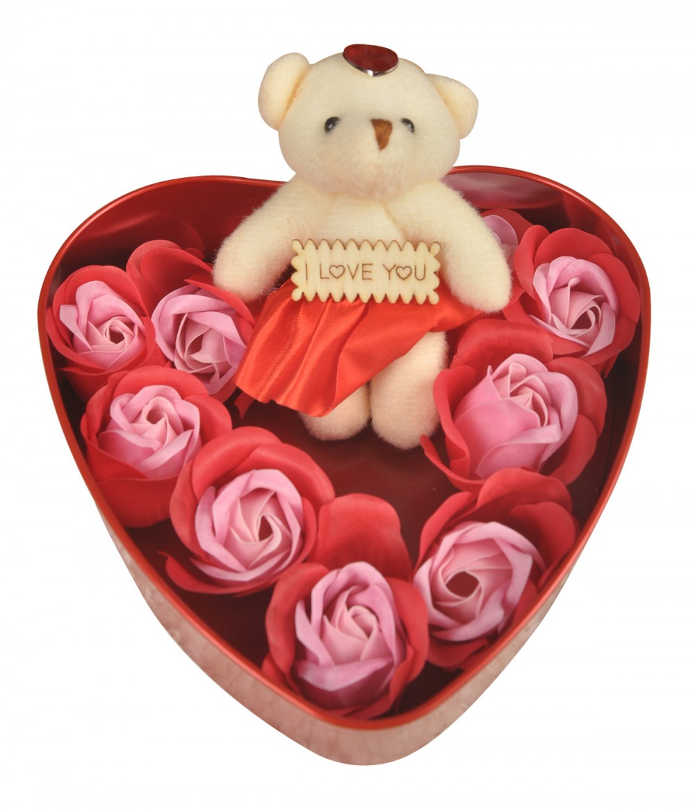 Love Gift - Artificial Red Golden Rose & 9 Red Rose Floral Scented Soap with Teddy Bear Love Gift - Artificial Red Golden Rose & 9 Red Rose Floral Scented Soap with Teddy Bear