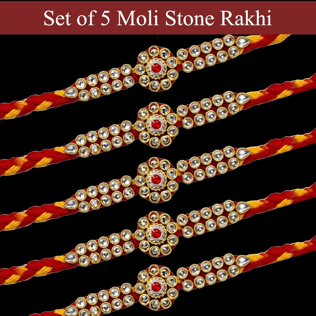 Set of 5 Kundan Moli Rakhi for Bhai - Stone Rakhi Set of 5 Kundan Moli Rakhi for Bhai - Stone Rakhi