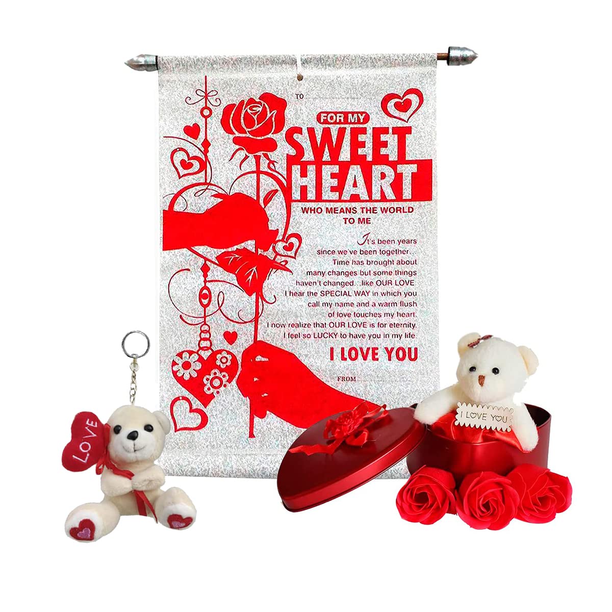 SKYTRENDS Valentines Day Gift for  Girlfriend/Boyfriend/Husband/Wife/Fiance-Basket+Chocolates in a Decorated  Box+3pc Roses and Teddy Bear in Heart Box Message Bottle and Keychain  Greeting Card : : Grocery & Gourmet Foods