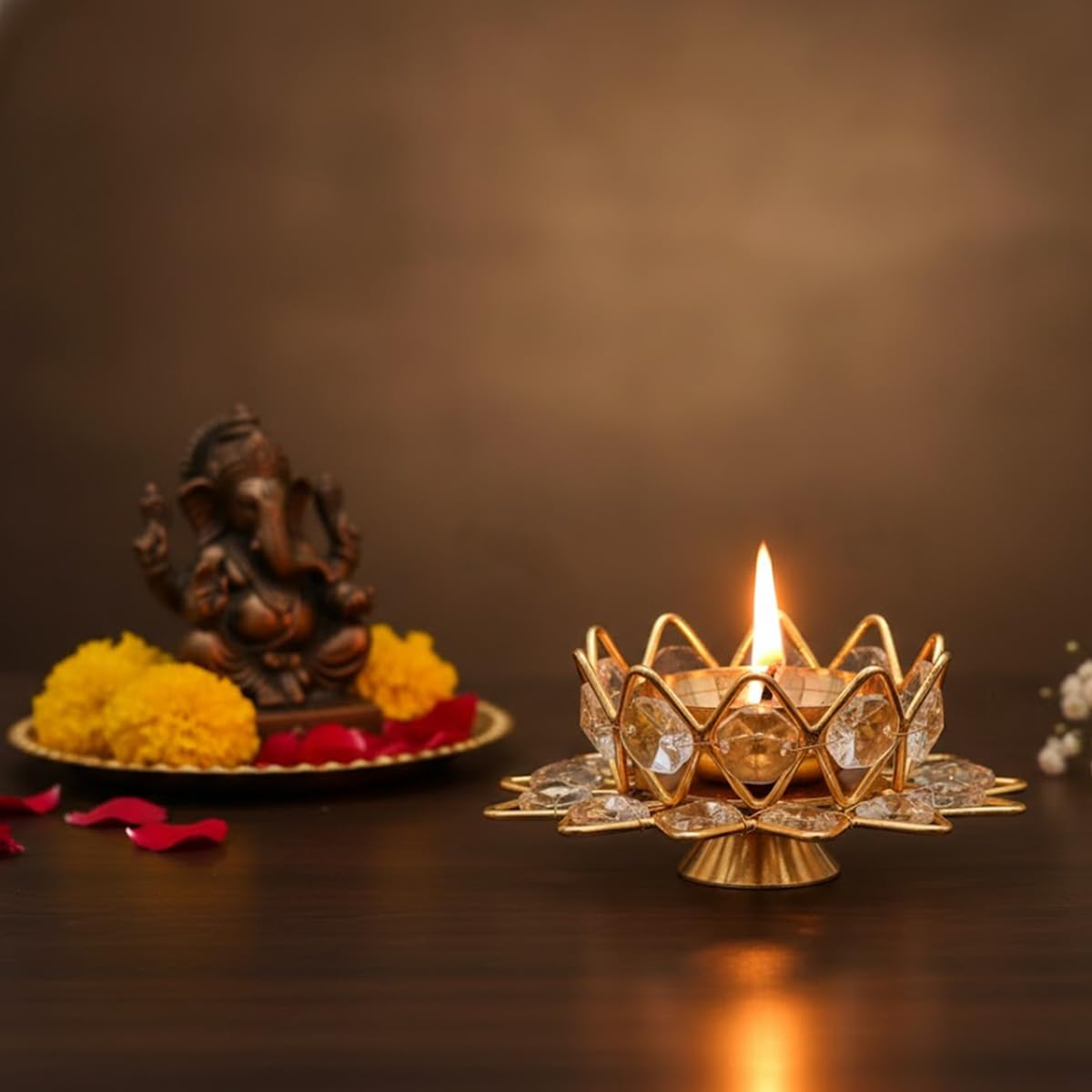 Rakhi Gift Combo for Bhaiya - Ganesh Ji Rakhi with Crystal Lotus Diya, Chocolate Gift Rakhi Gift Combo for Bhaiya - Ganesh Ji Rakhi with Crystal Lotus Diya, Chocolate Gift