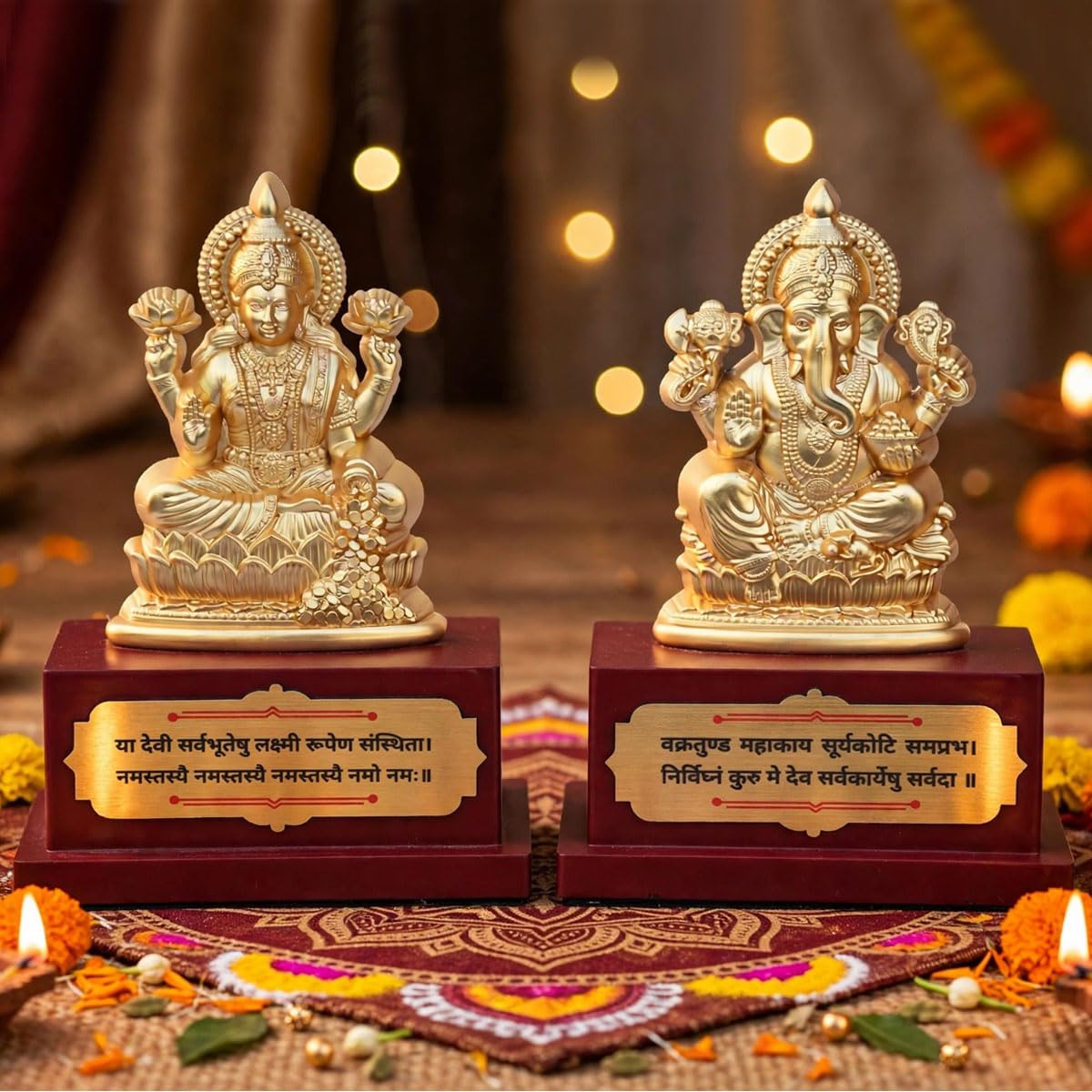 Golden Lakshmi Ganesh Ji Diwali Gift Set with Wooden Base Golden Lakshmi Ganesh Ji Diwali Gift Set with Wooden Base