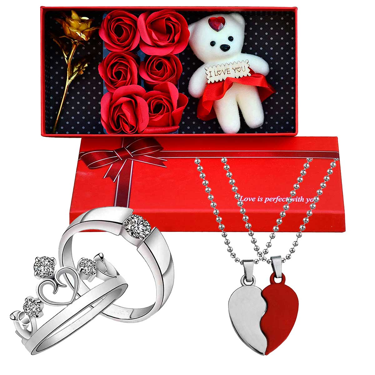 Valentine Day Gift Combo for Girlfriend Boyfriend Small Teddy with Golden Rose and 6 Red Rose Flowers Couple Ring with Love Locket Pendent