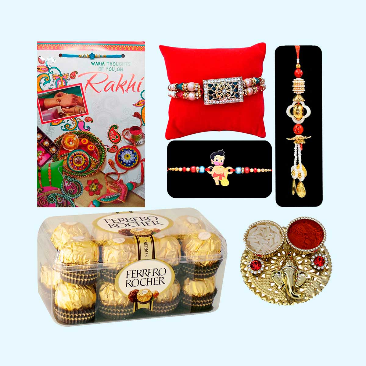 Buy Craftam Rakhi Gifts for Brother Combo Set- Marble Pooja Chopra , Raksha  Bandhan Greeting , Roli Rice Pack and 4 Rakhi ( For Bhaiya , Bhabi and 2  Kids) Online at