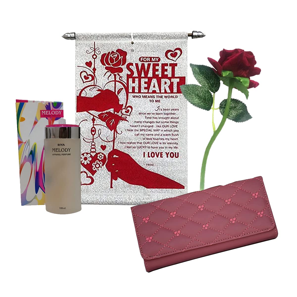 Best Gift for Girls, Women - Love Scroll Card, Hand Wallet/Clutch, Perfume  and Red Rose Flower - Valentine - Birthday - Anniversary Gift