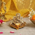 Brass Ganesha Idol on Leaf with Diya image 3