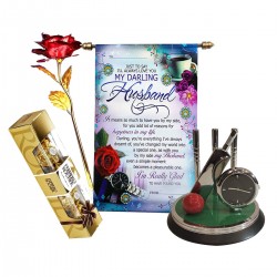 Love Gift for Husband - Love Quotes Scroll Card, Chocolate, Cricket Showpiece with Clock, Golden Red Rose - Birthday - Anniversary - valentine Day Gift
